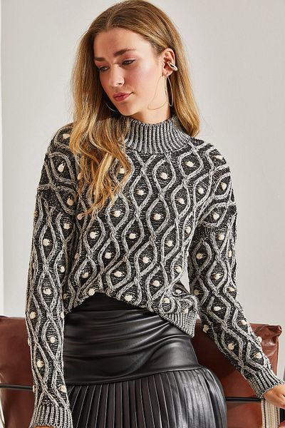 Bianco Lucci Women's Turtleneck Patterned Knitwear Sweater