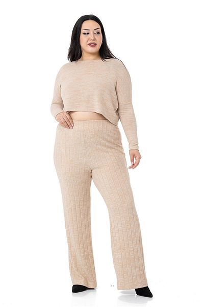 DISENTIS MODEST Large Size Wide Leg Elastic Waist Ribbed Knitwear Beige Trousers