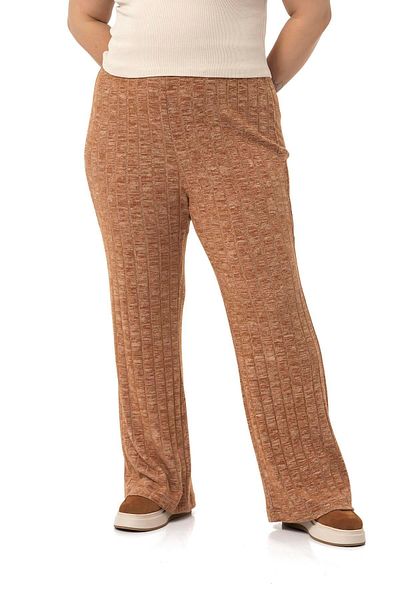 DISENTIS MODEST Large Size Wide Leg Elastic Waist Ribbed Knitwear Brown Trousers