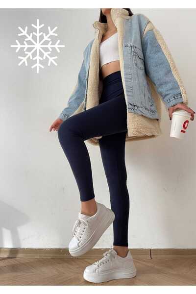 Telablanka سروال نسائي شتوي أسود مع صوف من الداخل عالي الخصر - أزرق داكن