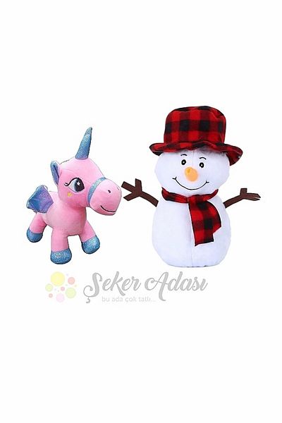 Şeker Adası 25 cm Plush Snowman and 18 cm Pony Unicorn Horse - Christmas Winter Decorative Gift Ornament