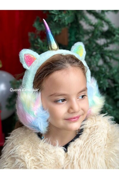 QUEEN AKSESUAR Căști de lux importate, cu păr de pluș, pastel, curcubeu, argintiu, unicorn, cu coarne, coroană, căști pentru copii, mentă