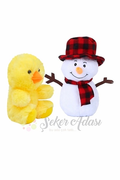Şeker Adası Peluş Kardan Adam 25 Cm ve Civciv Ördek 20 Cm Yılbaşı Kış Dekorat...