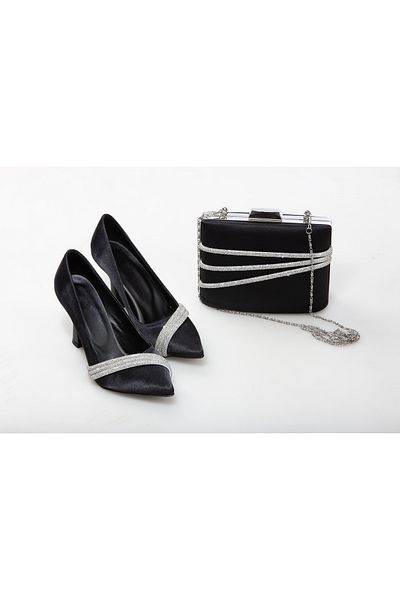 Modavien Women's Stoned Black Stiletto & Bag Combination 351c