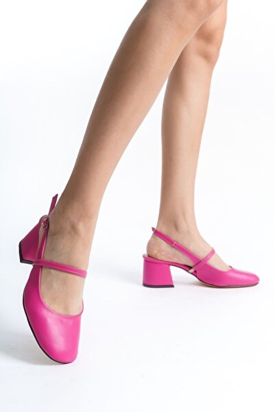 Ayakkabı Podyumum "FABRİ" Fuşya Cilt - 5 cm Kalın Topuk Geniş Burunlu Topuklu...