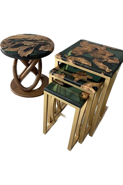 Menizza Zigon epoxy sehpa takımı 3 lü set + 50x50 yuvarlak yan sehpa