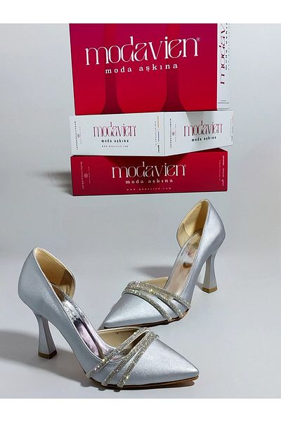 Modavien Pantofi de seara de dama din satin argintiu 9 cm 350
