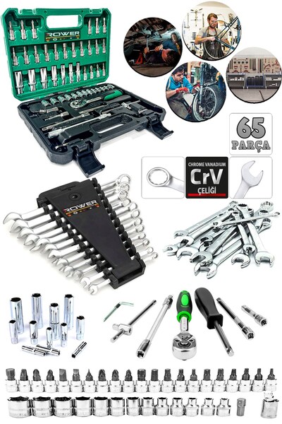 ROWERMAX Germany Cr-v 65 Parça 53 Lokma Takımı Otomatik Cırcırlı 1/4" 12 Parça Kombine Açık Ağız-yıl