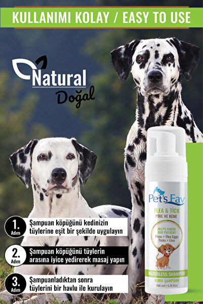 Pets Fav 2'li Köpek Bit Pire Kene Parazit Önleyici ve Tüy Dökülmesi Karşıtı Doğal Kuru Köpük Şampuanı Seti