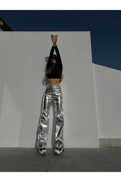 Panku Bizu Design Store Discolica Silver Palazzo Shiny Metallic Silver Trousers