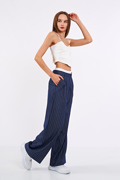 Assertivo Tekstil ASSERTİVO KEMERİ ASTARLI ÇİZGİLİ PLAZZO KADIN PANTOLON