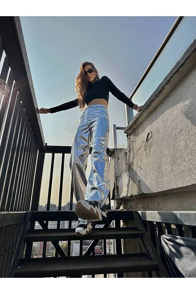 Panku Bizu Design Store Discolica Silver Palazzo Shiny Metallic Silver Trousers
