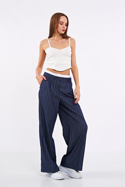 Assertivo Tekstil ASSERTİVO KEMERİ ASTARLI ÇİZGİLİ PLAZZO KADIN PANTOLON