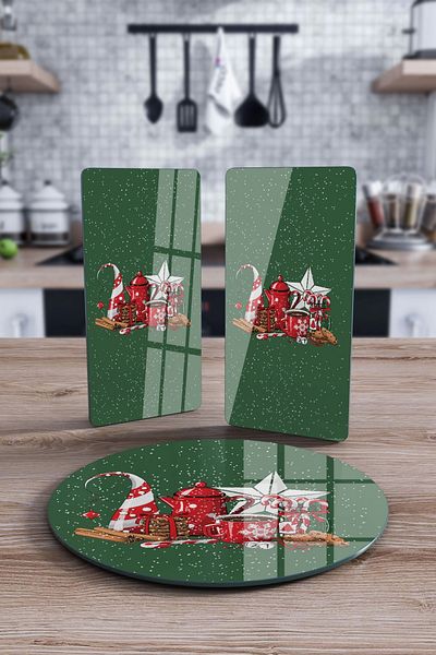 Decovetro Green Round 3-Piece Plate Set - Glass Presentation Service, New Year Snow Pattern