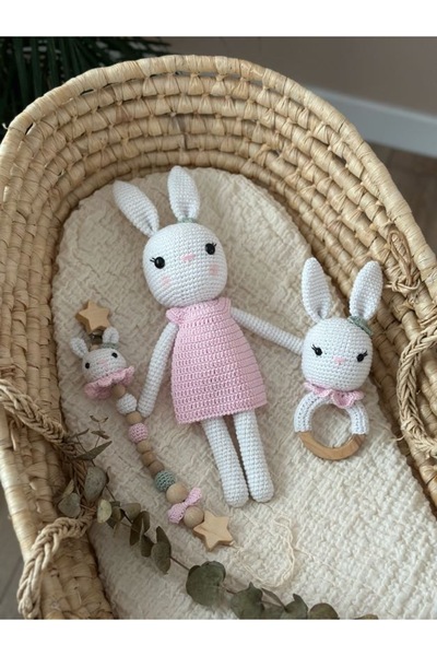 Florijee Amigurumi Beyaz Tavşanlı Uyku Arkadaşı Çıngırak Emzik Zinciri Set Or...