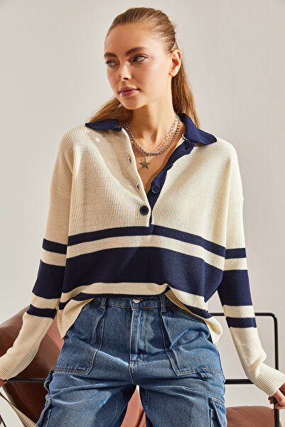 Bianco Lucci Women's Polo Neck Buttoned Knitwear Sweater