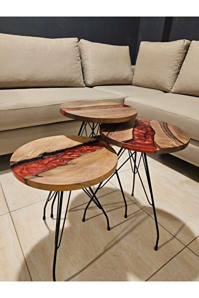 Mai Epoksi Ahşap Sehpa, 3'lü Epoksi Zigon Sehpa, Epoksi Nehir Sehpa, Doğal Ceviz Ağacı Epoksi Zigon,