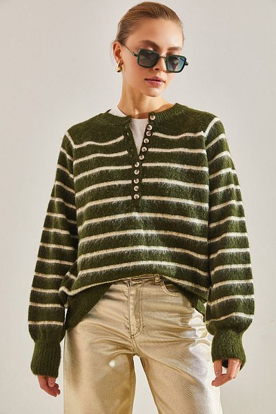 Bianco Lucci Dámský pletený svetr Charmed Striped s 11 knoflíky