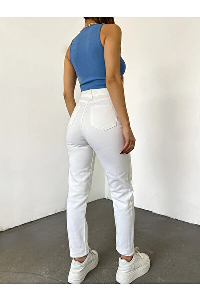 MAKRAS EXCLUSIVE Τζιν Λευκό Ψηλόμεσο Mom Jeans Boyfrend Παντελόνι