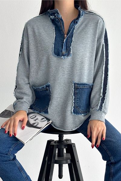 FEMELLE Hanorac de damă, gri, cu fermoar, din denim, cu buzunar