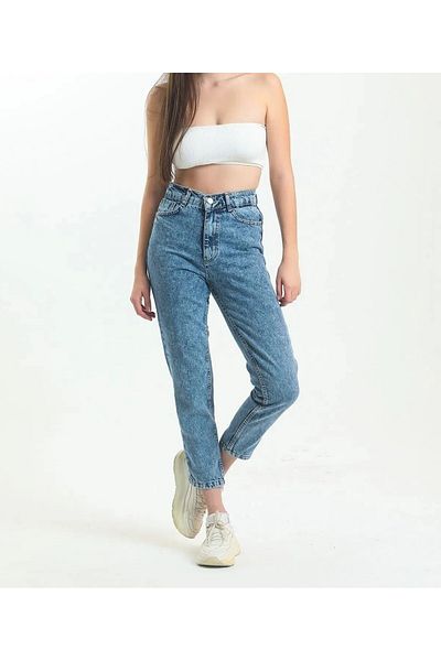 DRC trend Pantaloni de damă Blue Mom Jean Lycra Snow Wash cu talie înaltă MOMJEAN