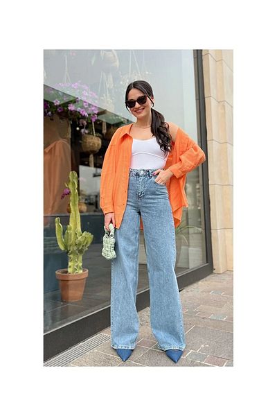 MAKRAS EXCLUSIVE Blugi Palazzo din Lycra cu talie înaltă - albastru deschis, confort lejer, picioare largi, spălat cu zăpadă