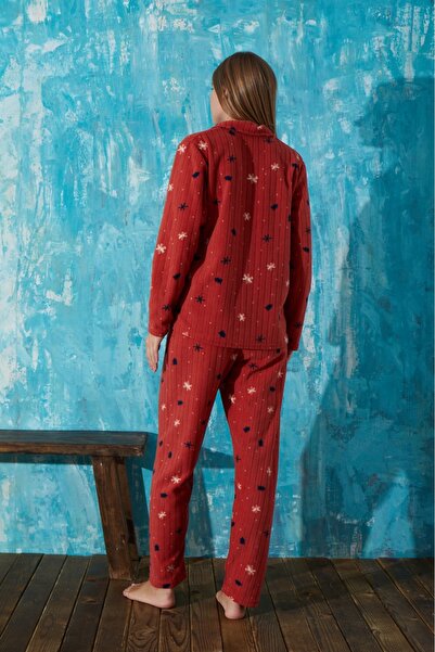 MEBA Women's Front Buttoned Pale Effect Tile Fleece Pajama Set -34