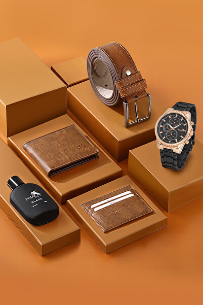 Polo Air Cüzdan Kartlık Kemer Parfüm Saat Seti Taba Renk PL-0786E6