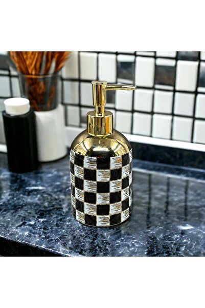 YzHome Porcelain Checkerboard Pattern Gold Detailed Liquid Soap Dispenser