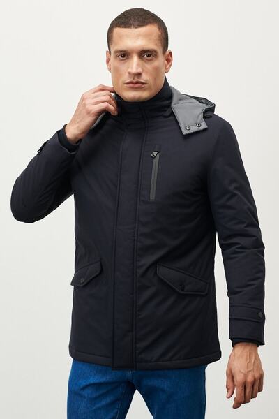 ALTINYILDIZ CLASSICS Erkek Indigo Standart Fit Normal Kesim Kapüşonlu Soğuk Geçirmez Kışlık Kaban