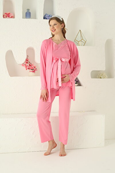 JENİKA Pink Lace and Breastfeeding Detail Maternity Pajamas Set