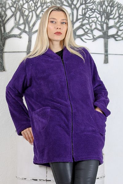 Chiccy Jachetă de pluș supradimensionată, mov, cu mânecă lungă, cu fermoar, cu buzunar dublu