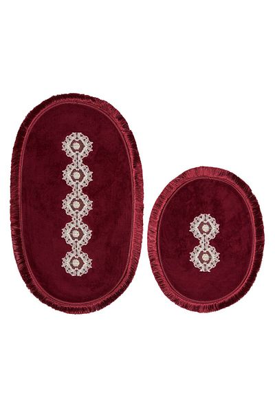 Alanur Home Set de toaletă de baie din 2 piese din dantelă Welsoft cu franjuri Eiffel, roșu claret