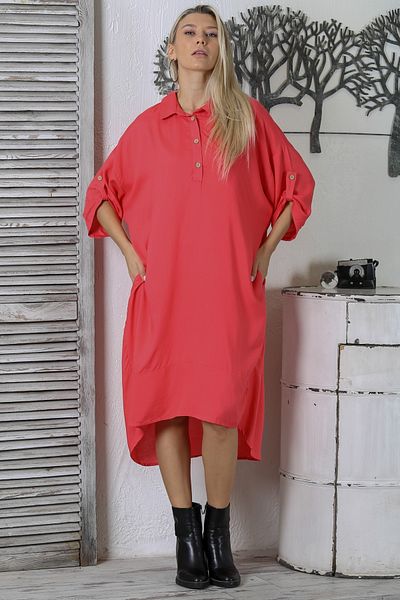 Chiccy Καραμέλα ροζ πουκάμισο με γιακά με κουμπιά 3/4 μανίκια με κουμπιά πλάτη Χαμηλή κοπή μακριά υφαντό φόρεμα