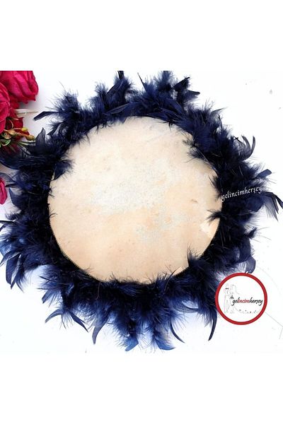 Gelincimherşey Navy Blue Furry 27 cm Diameter Leather Tambourine for Bride