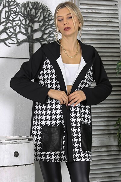 Chiccy Black Hooded Long Sleeve Houndstooth Double Pocket Leather Garnished Knitted Jacket
