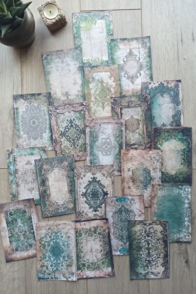 Mona Craftist 20 Adet Eskitme Vintage Yeşil Temalı Scrapbook Kağıt Seti Bulle...