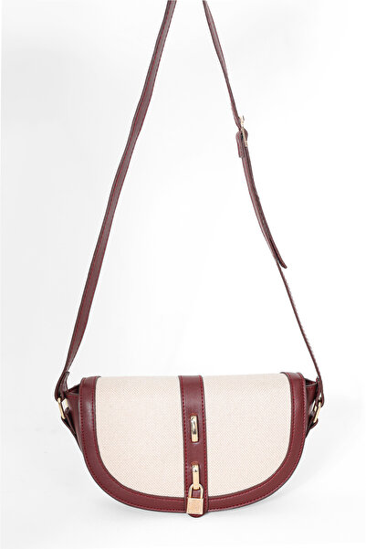 DENSİLA Γυναικεία τσάντα ώμου σε μπορντό-κρεμ λινό με λεπτομέρειες