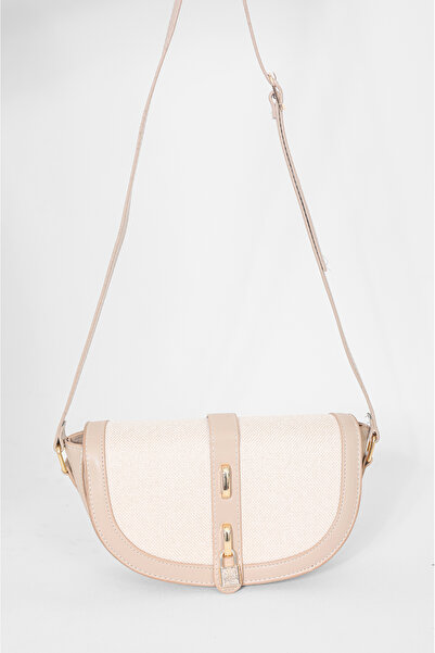 DENSİLA Women's Mink-Cream Linen Detailed Shoulder Bag