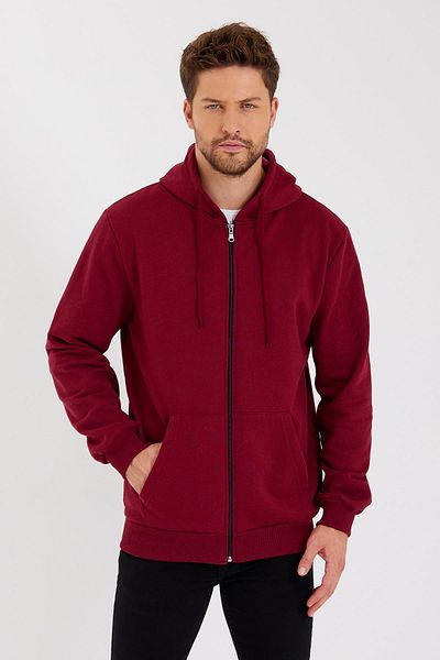COMEOR Claret Red Kangaroo Pocket Hooded Zippered Cotton Inside Men's Sweatshirt