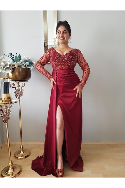 FERGAN فستان سهرة نسائي بتصميم من الساتان بأكمام طويلة ومزين بالترتر باللون ا...