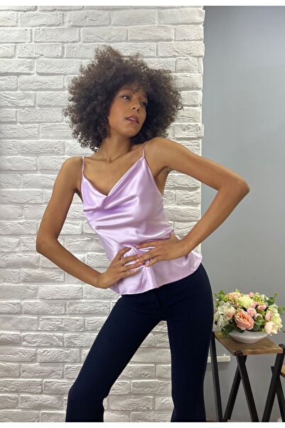 ROZALLİNİ Degaje Yaka Askılı Saten Bluz