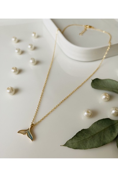 Fynbos Ebruli Sedef Taşlı Balık Kuyruğu Figürlü Kararmayan Gold Zincir Kadın Kolye