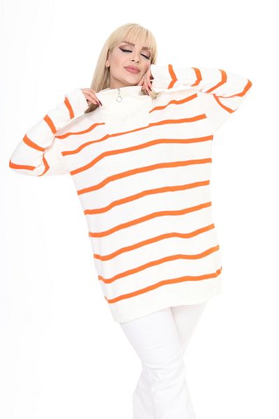 MJORA Zippered Polo Neck Striped Knitted Knitwear Sweater