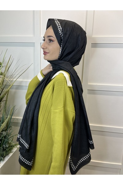 Hint İpek Houndstooth Patterned Monogram Shawl 00910 Black and White