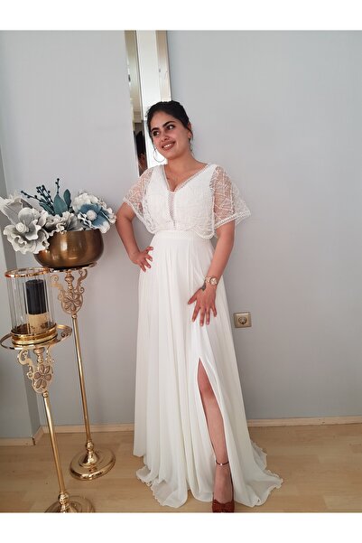 FERGAN KADIN BEYAZ YARIM KOL YITRMAÇ DETAY ŞİFON ABİYE ELBİSE