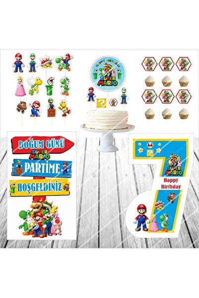 SİYAH PARTİ EVİ Süper Mario Doğum Günü Masa Panosu / Pasta Süsü Seti 7 Yaş
