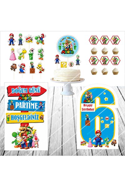 SİYAH PARTİ EVİ Süper Mario Doğum Günü Masa Panosu / Pasta Süsü Seti 6 Yaş