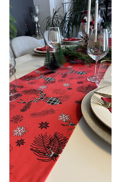 Decamor home New Year Deer Themed Red Runner New Year Table New Year Runner
