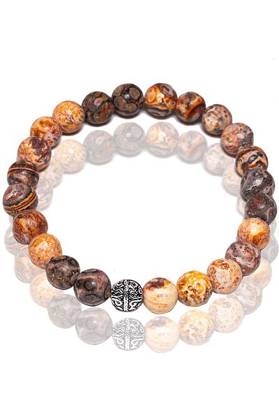 Tesbih Atölyesi Certified White - Red Map Agate Stone Bracelet - With Silver Device